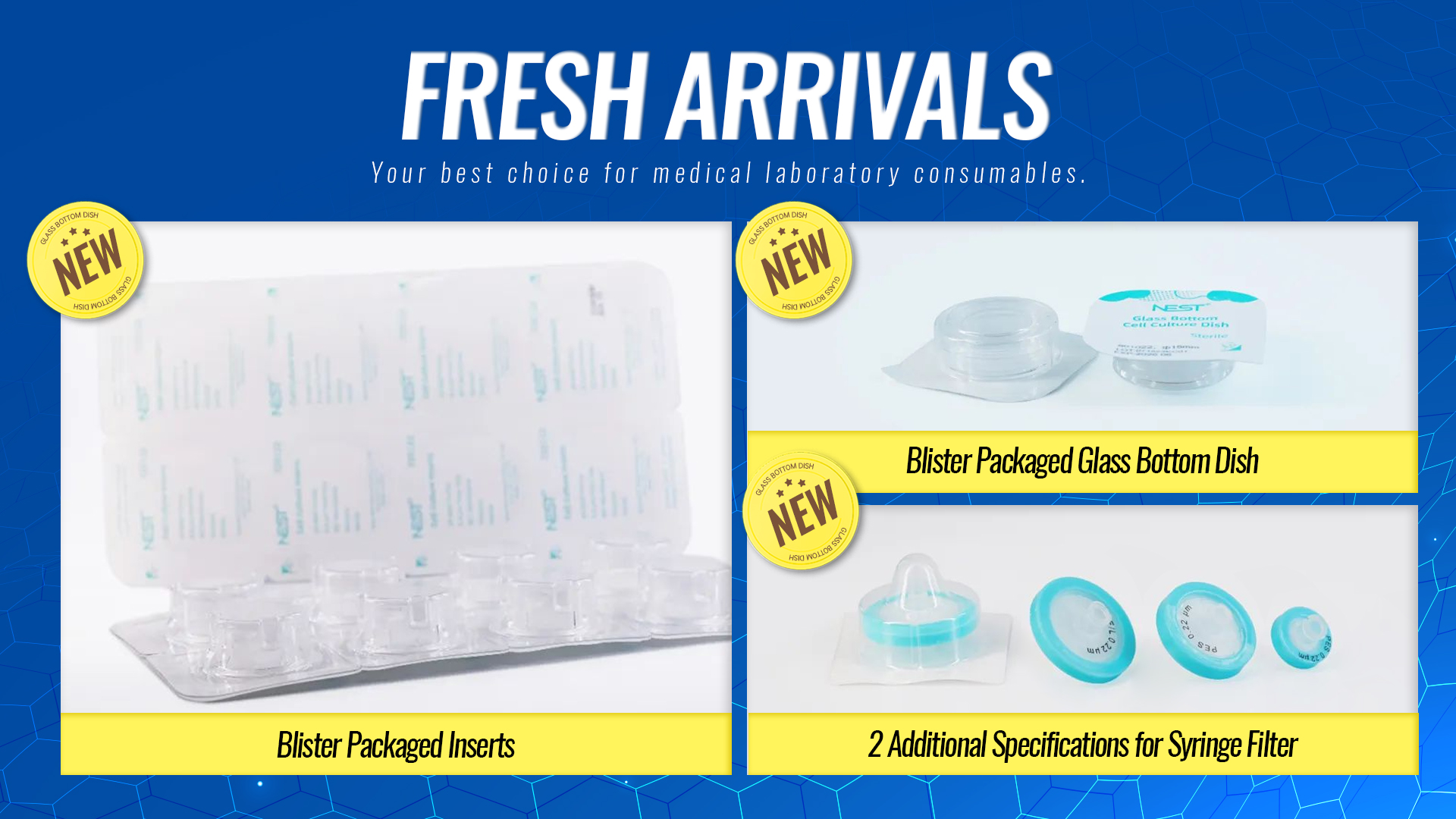 Fresh Arrivals: Cell Culture Inserts & Glass Bottom Dish in blister pack, and 2 additional Syringe Filter specifications 